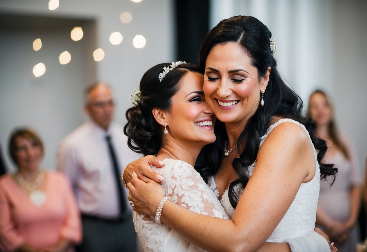 A mother embraces her daughter, smiling and offering words of love and wisdom on her wedding day