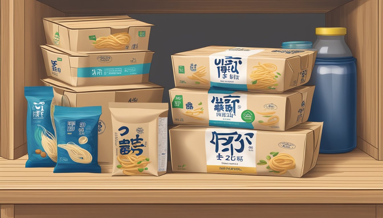 A package of udon noodles sits on a pantry shelf, surrounded by other dry goods. The expiration date is visible on the packaging