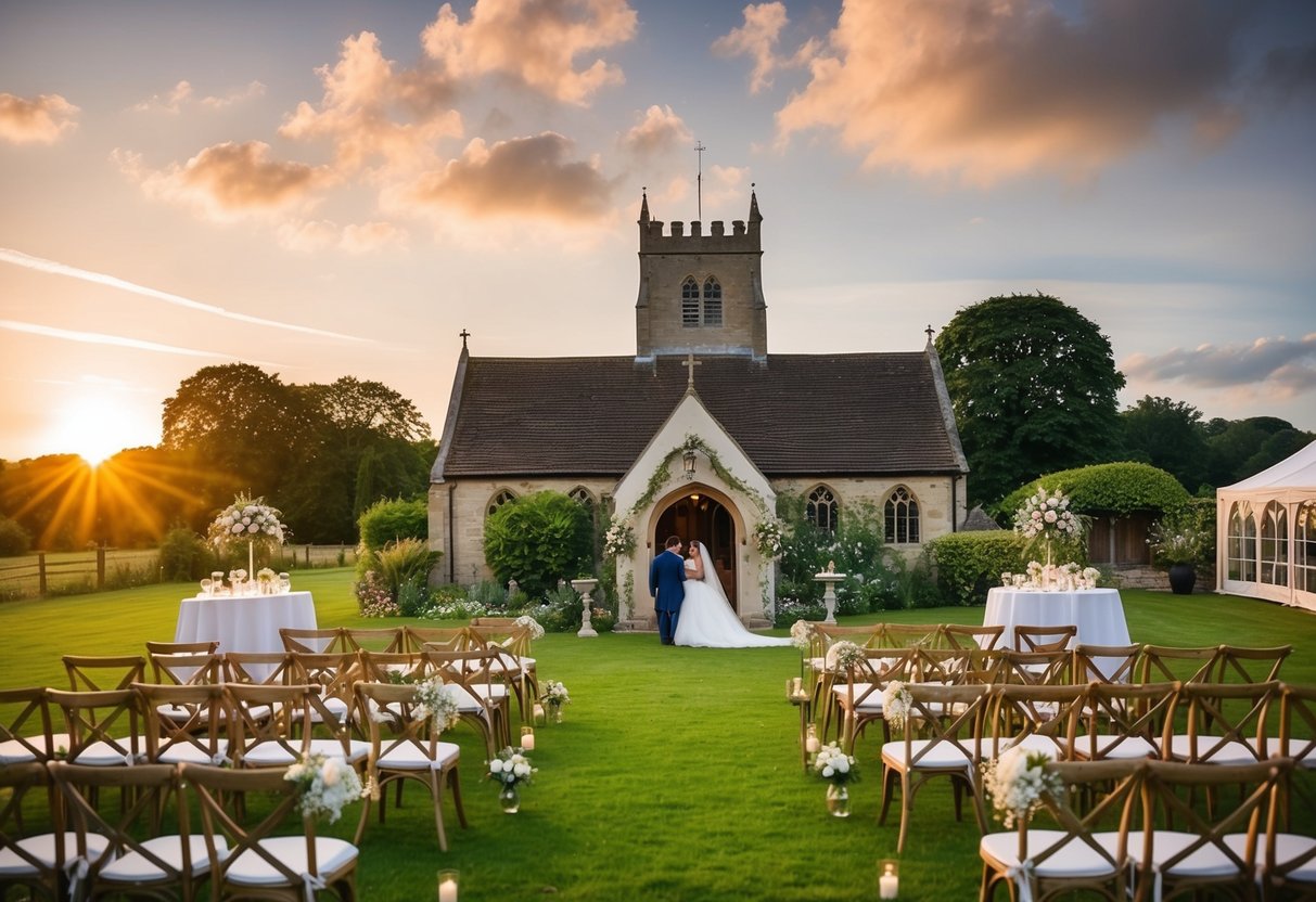A picturesque English countryside wedding at sunset, with a traditional church ceremony and a reception in a charming garden marquee