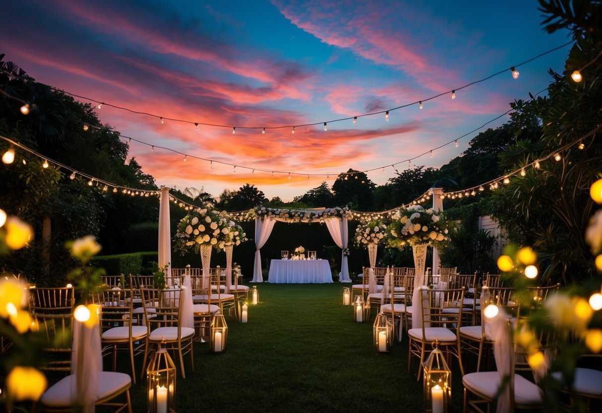 A vibrant sunset illuminates a lush garden, with twinkling fairy lights and elegant decor setting the scene for a late evening wedding celebration