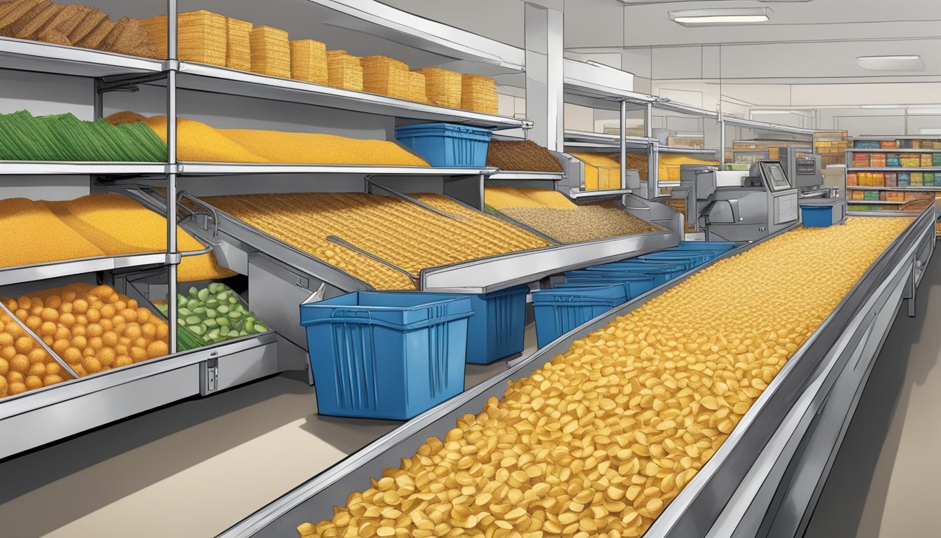 A factory conveyor belt moves Tostitos from production to packaging, then to a grocery store shelf, and finally to a landfill