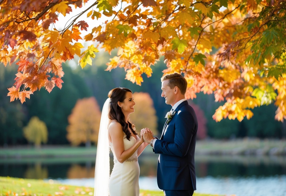 A couple exchanging vows under a canopy of colorful autumn leaves in a serene outdoor setting