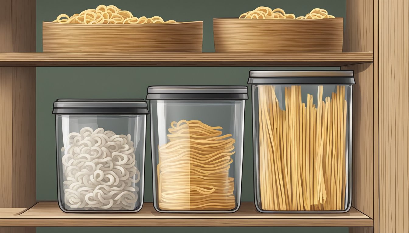 Airtight container with dried udon noodles on a pantry shelf