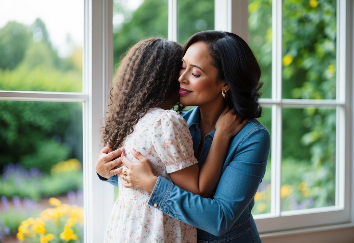 A mother tenderly embraces her daughter, offering words of love and wisdom as they stand before a window overlooking a garden