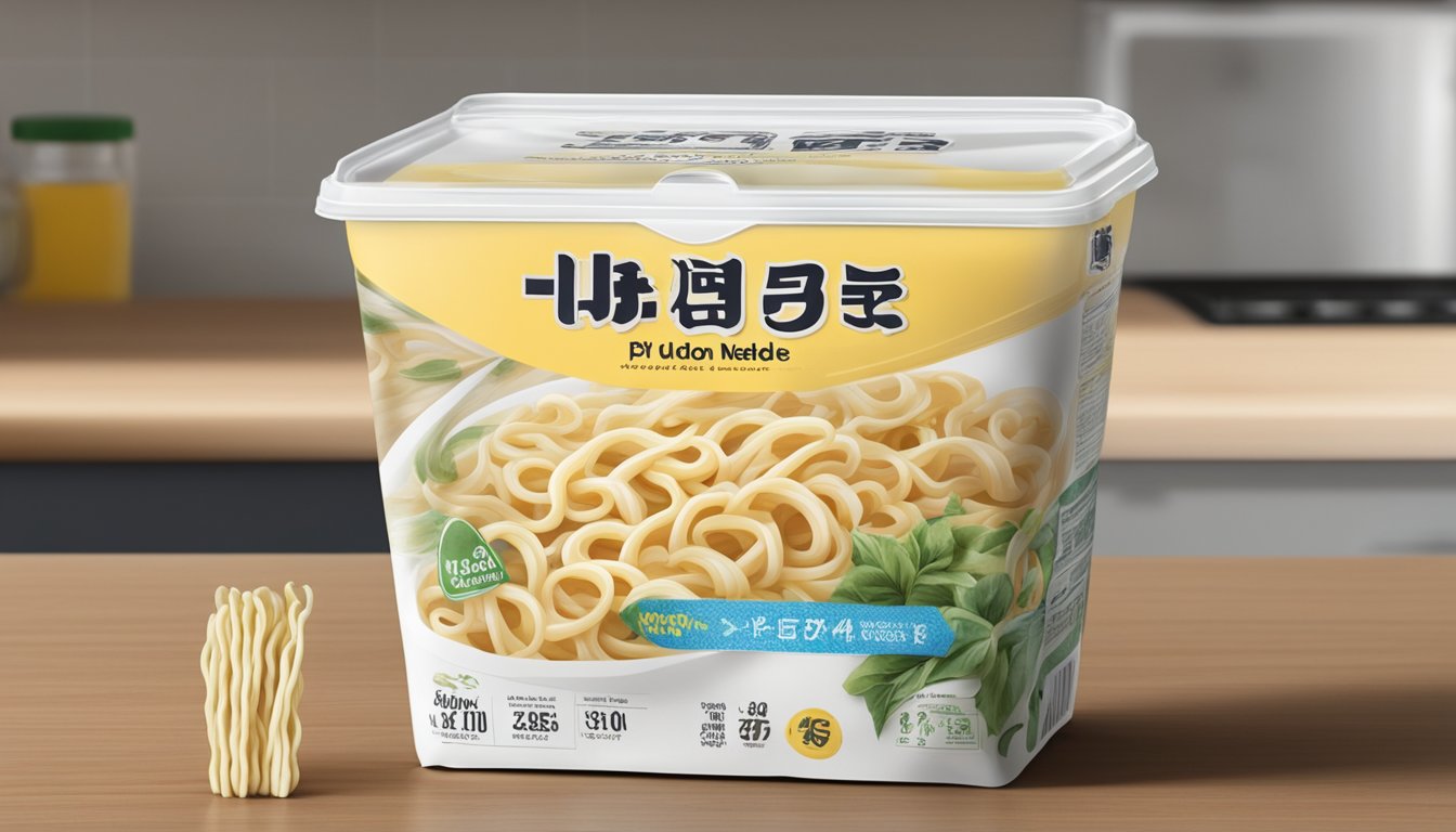 A package of udon noodles sits on a kitchen counter, with a visible expiration date and signs of mold and spoilage