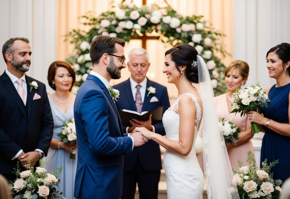The bride and groom exchanging vows at the altar, surrounded by family and friends, with a beautiful floral arrangement in the background