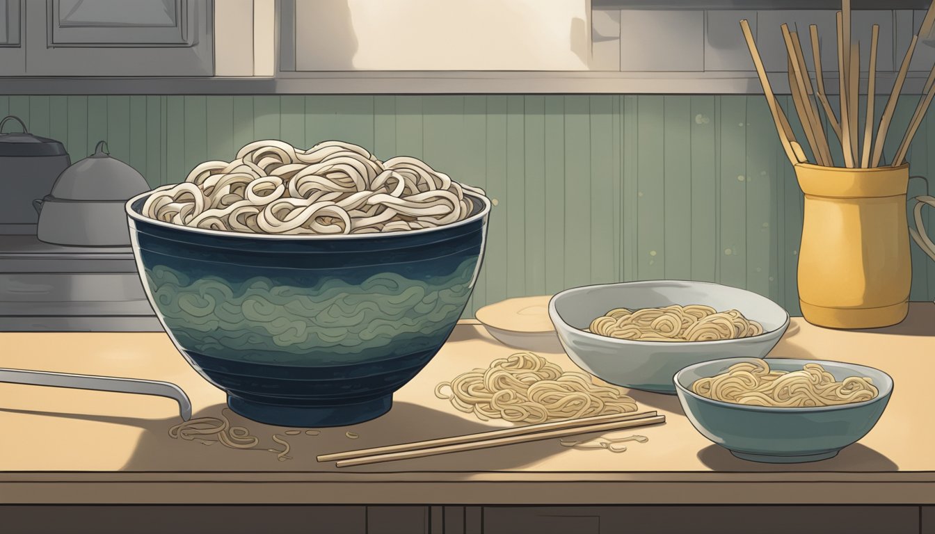 A bowl of udon noodles sits on a kitchen counter, covered in mold and emitting a foul odor