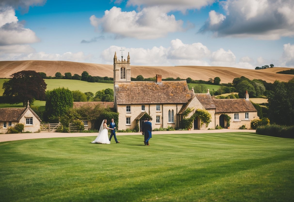 A picturesque English countryside wedding with a mix of traditional and modern elements, set against a backdrop of rolling hills and a quaint village church