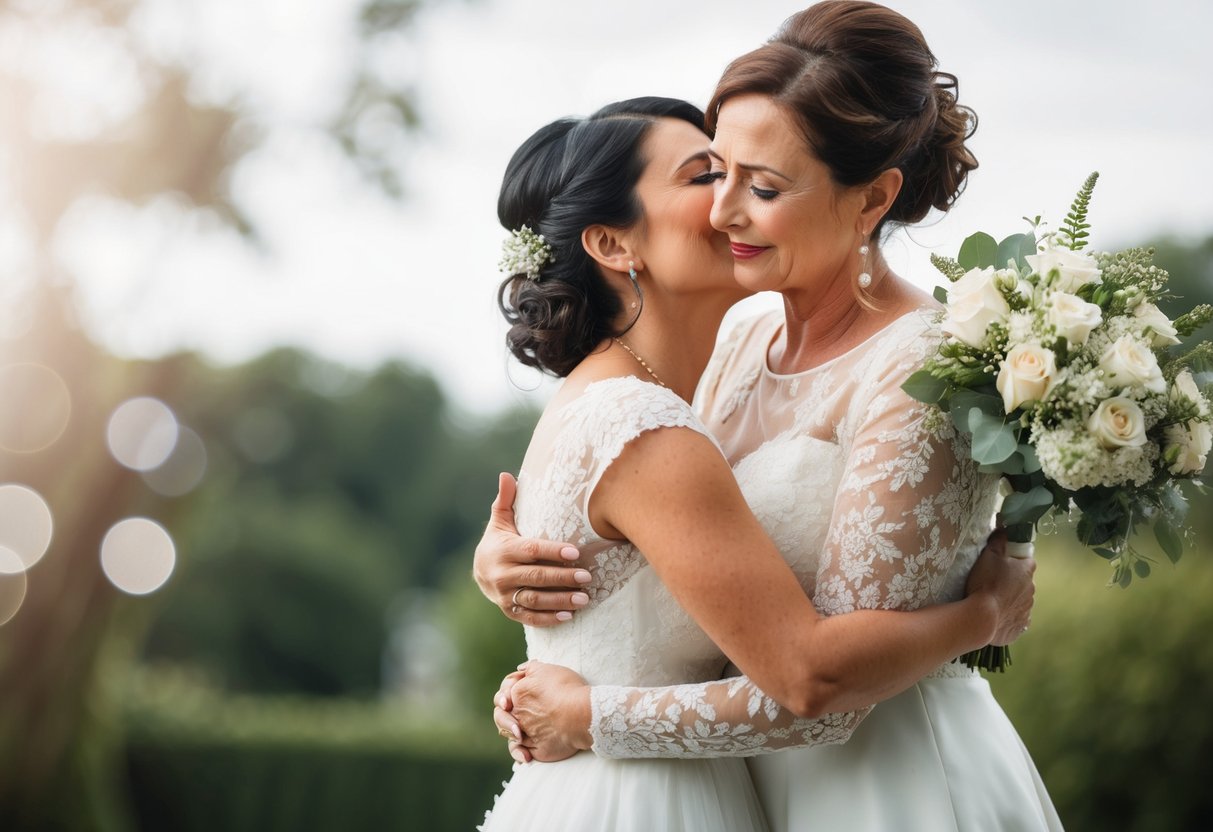 A mother gently embraces her daughter, whispering words of love and wisdom on her wedding day