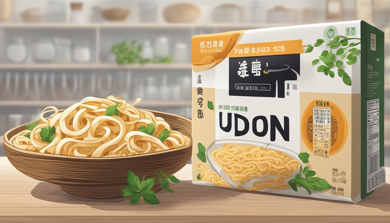 A package of udon noodles sits on a shelf, surrounded by various ingredients and spices. The noodles are sealed in a plastic wrapper and have a long expiration date printed on the package