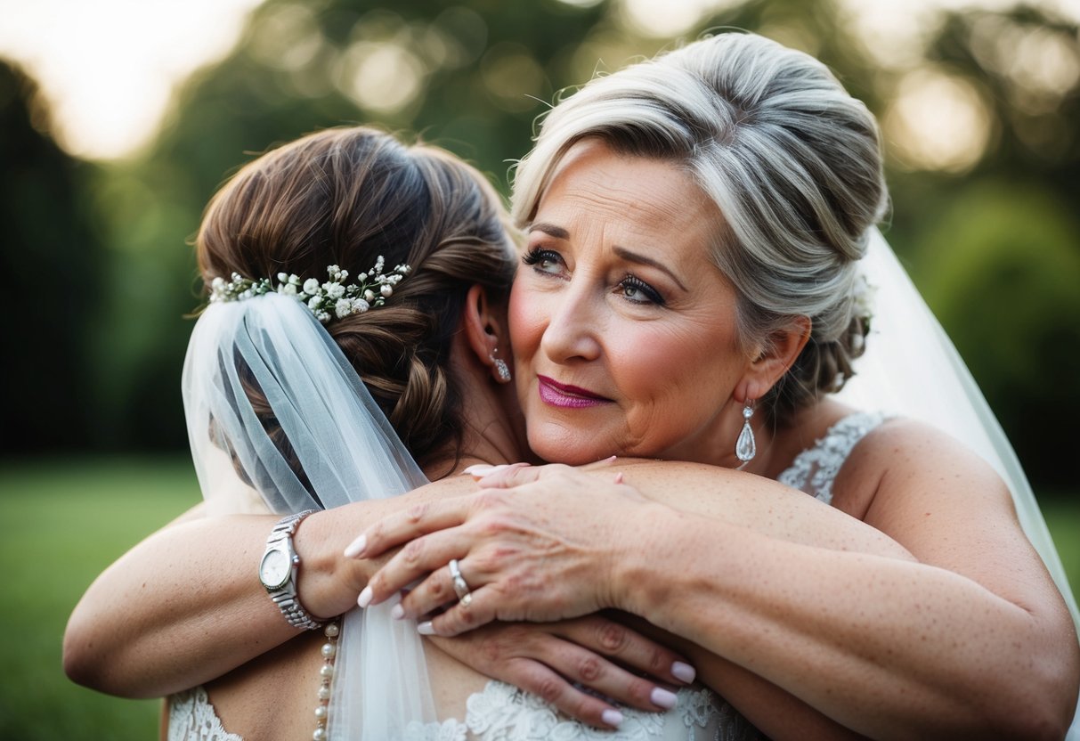 A mother embraces her daughter, tears in her eyes, as they share a heartfelt conversation on her wedding day