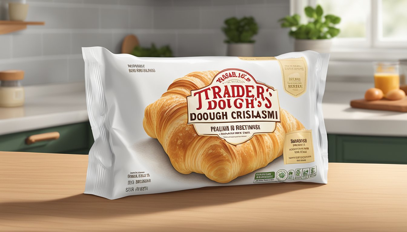 A package of Trader Joe's Croissant Dough sits unopened on a clean, well-lit kitchen counter. The packaging is unblemished, and the dough inside is still fresh and ready to use