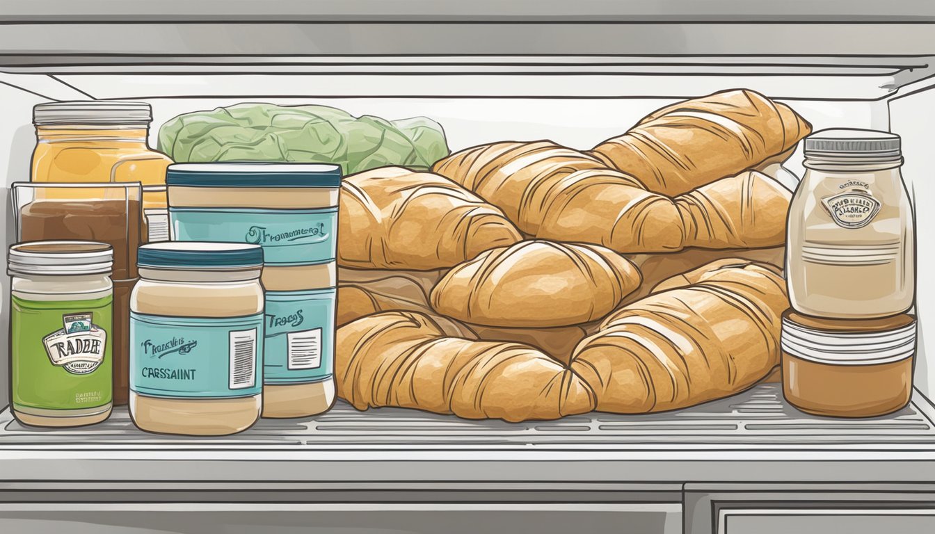 A package of Trader Joe's Croissant Dough sits in a refrigerator, surrounded by other groceries. The dough is wrapped in plastic and placed on a shelf, ready to be stored until ready for baking