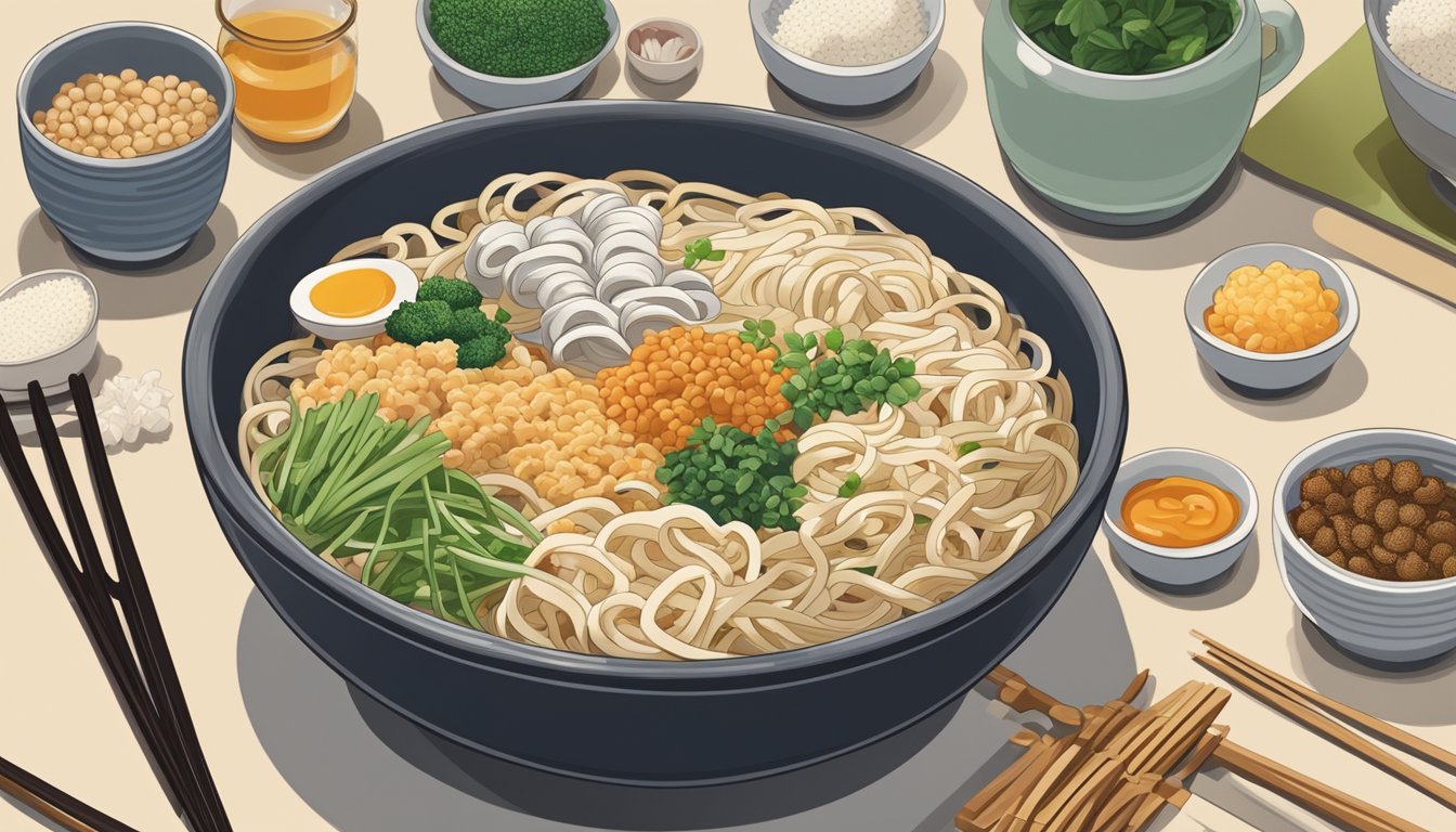 A bowl of udon noodles sits on a kitchen counter, surrounded by various cooking utensils and ingredients