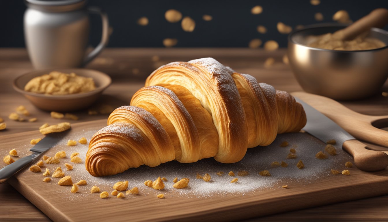 A freshly baked croissant sits on a rustic wooden cutting board, surrounded by crumbs. The golden-brown pastry is flaky and inviting, with a hint of steam rising from its surface