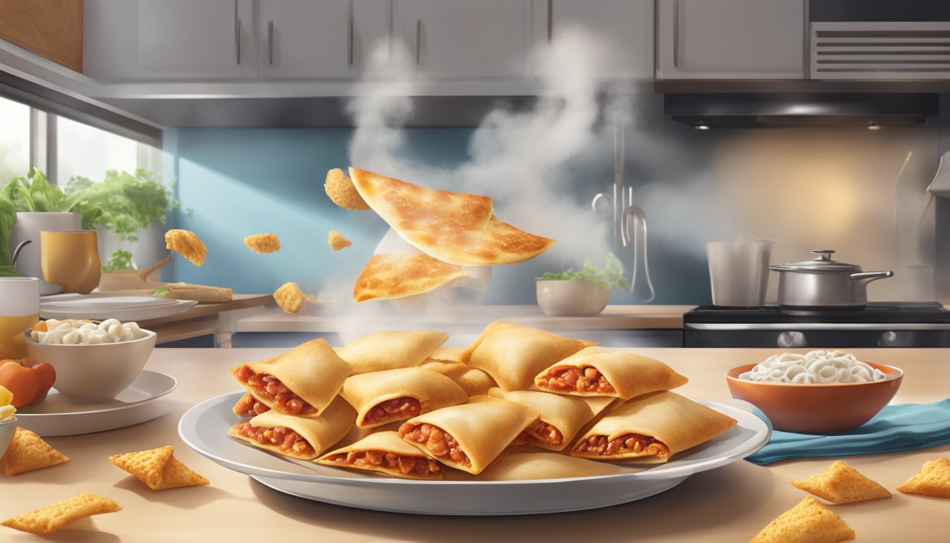 A plate of Totino's Pizza Rolls sits on a kitchen counter, surrounded by steam rising from the freshly cooked snacks