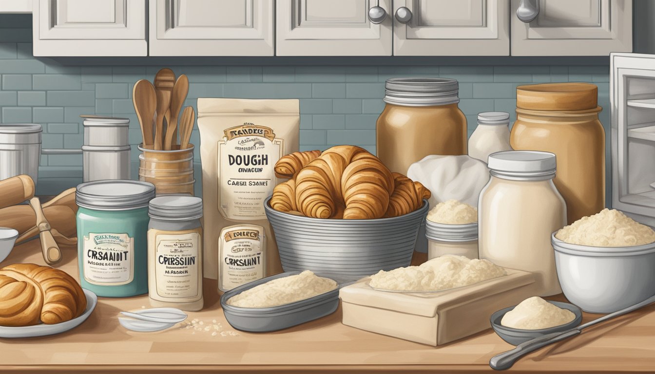 A package of Trader Joe's Croissant Dough sits unopened on a clean, organized kitchen counter, surrounded by other baking ingredients and utensils