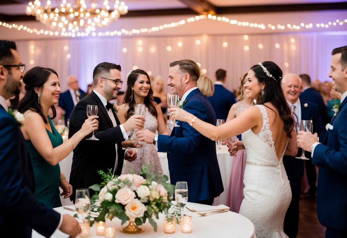 Guests mingling, clinking glasses, and dancing in a beautifully decorated venue with floral centerpieces and twinkling lights