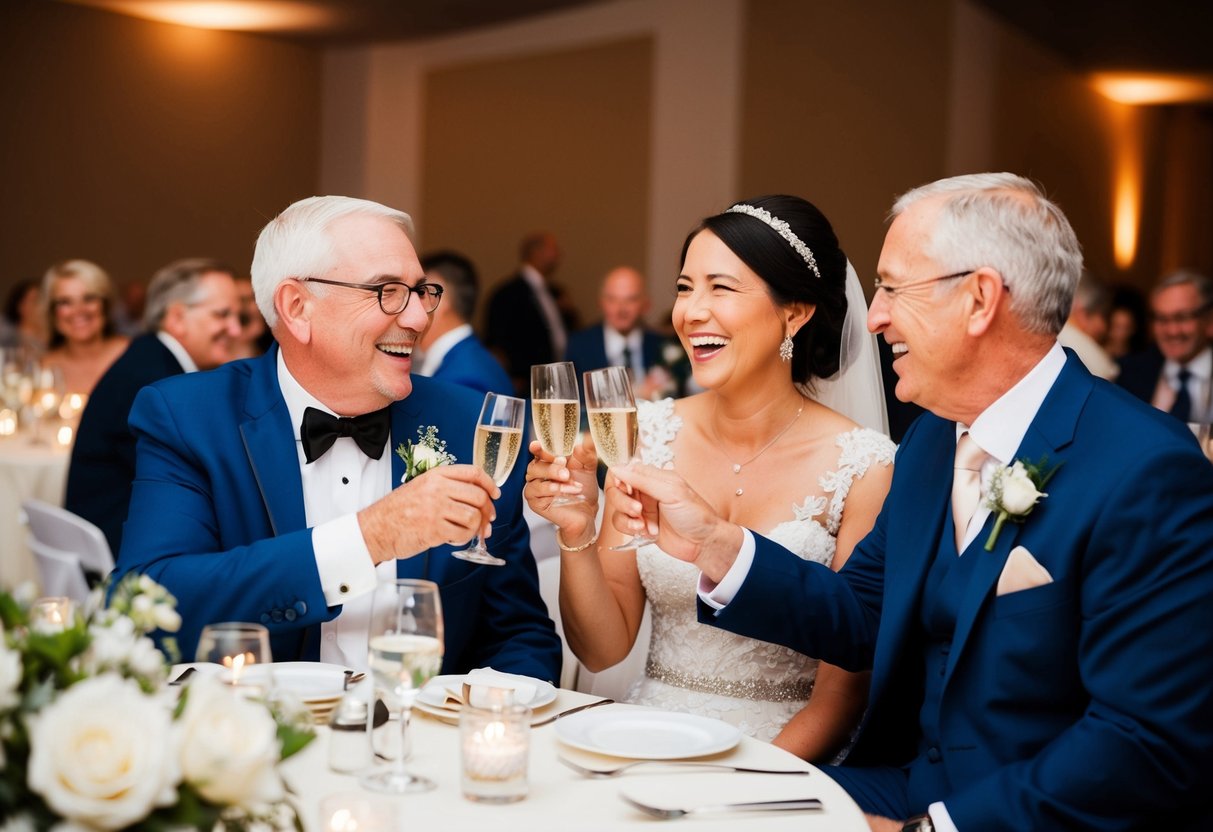 Parents of bride and groom sit together at reception, sharing laughter and toasting glasses