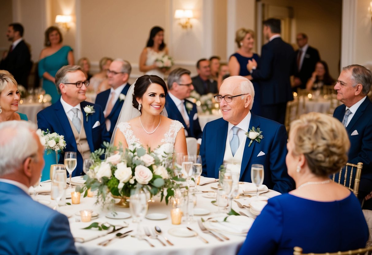Parents of the bride and groom sit together at a round table, adorned with elegant tablecloths and floral centerpieces, surrounded by other guests at the wedding reception