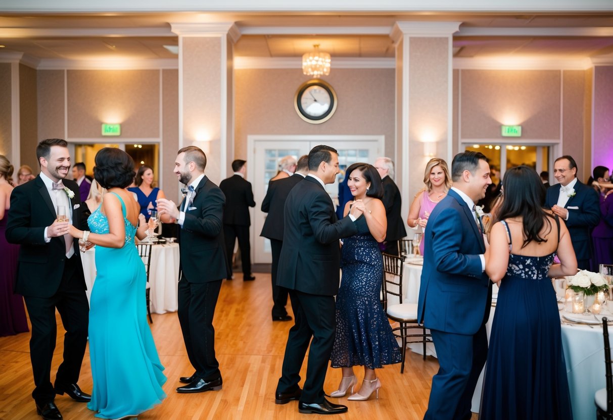 Guests mingling in a decorated reception hall, some dancing, others chatting at tables. A clock on the wall shows the late hour