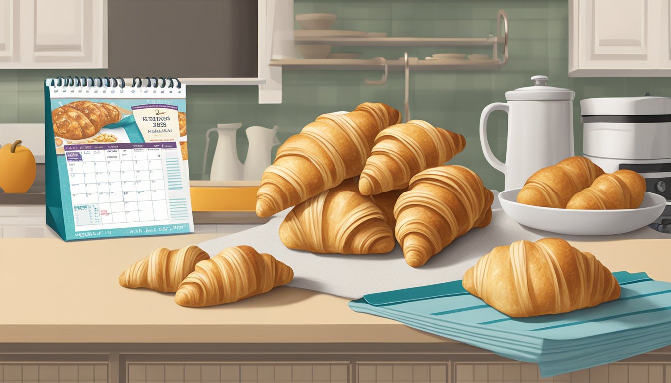 A kitchen counter with a package of Trader Joe's Croissant Dough alongside a calendar showing the current date and a "use by" date