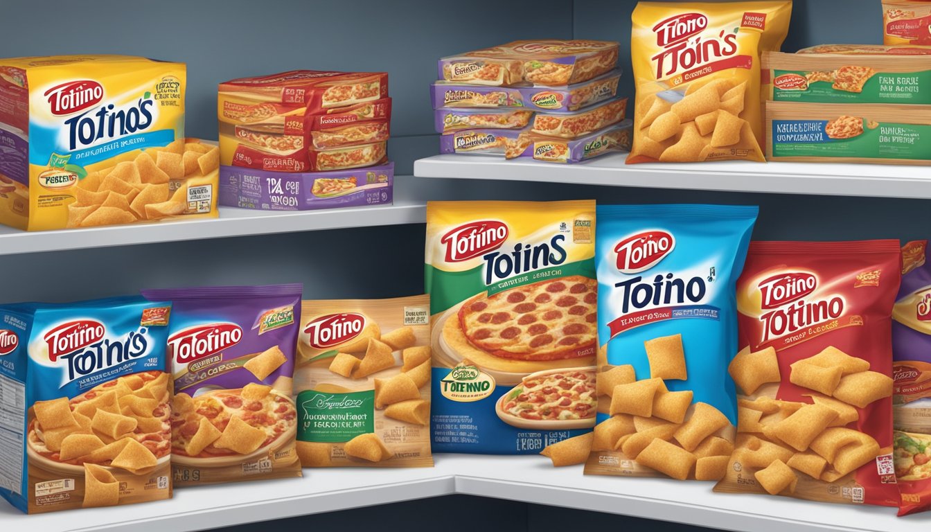 A box of Totino's Pizza Rolls sits on a shelf in a pantry, surrounded by other frozen foods