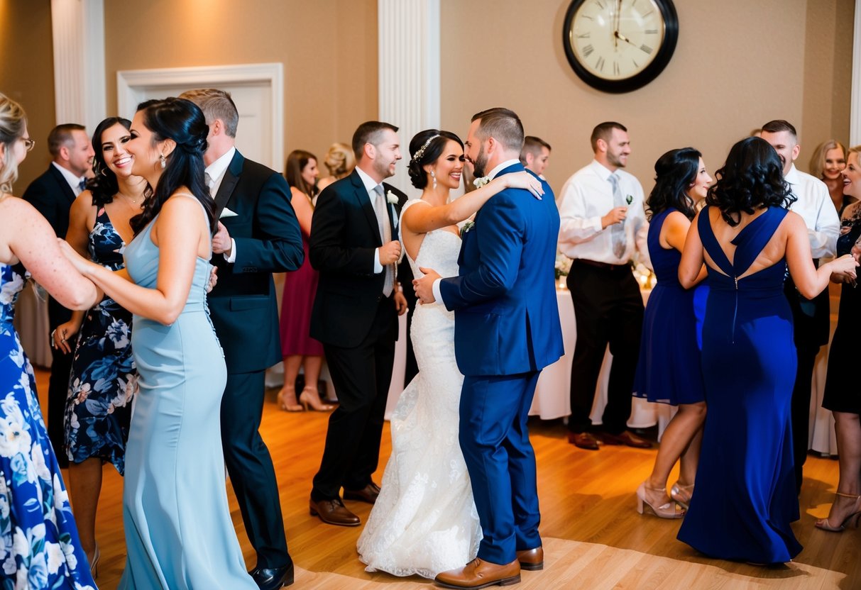 Guests mingling and dancing at a wedding reception, with a clock on the wall indicating the time. Some guests are leaving, while others are still enjoying the festivities