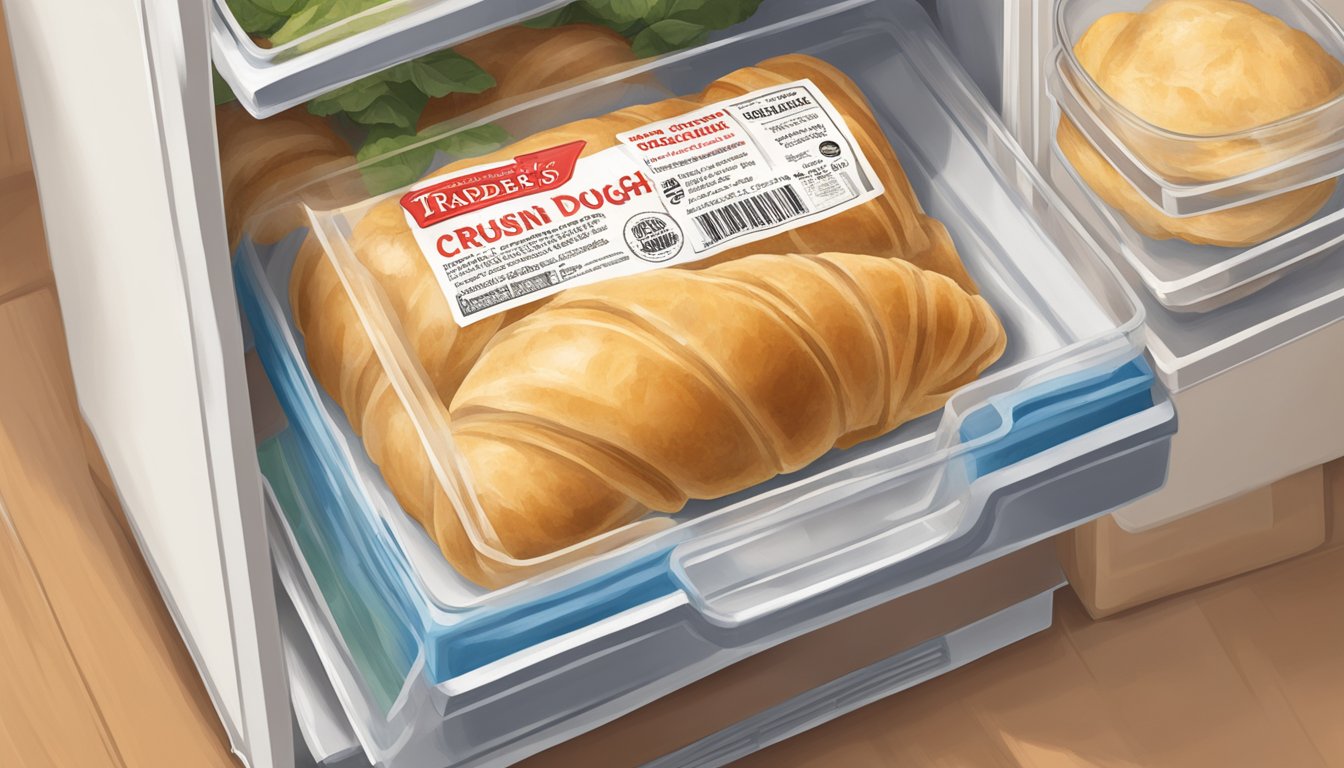 A package of Trader Joe's Croissant Dough sits unopened in a refrigerator, surrounded by other groceries. The expiration date is clearly visible on the packaging