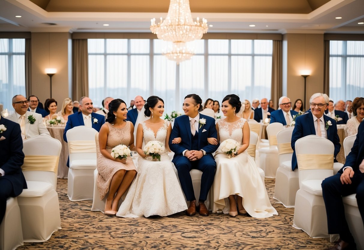 The reception hall is adorned with elegant seating for the VIP guests, with a special section reserved for the bride and groom's parents to sit together