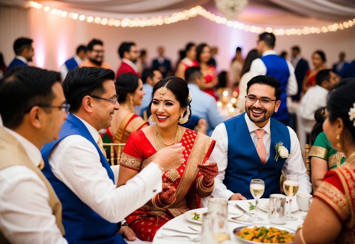 Guests mingling at a wedding reception, enjoying the festivities and engaging in traditional activities
