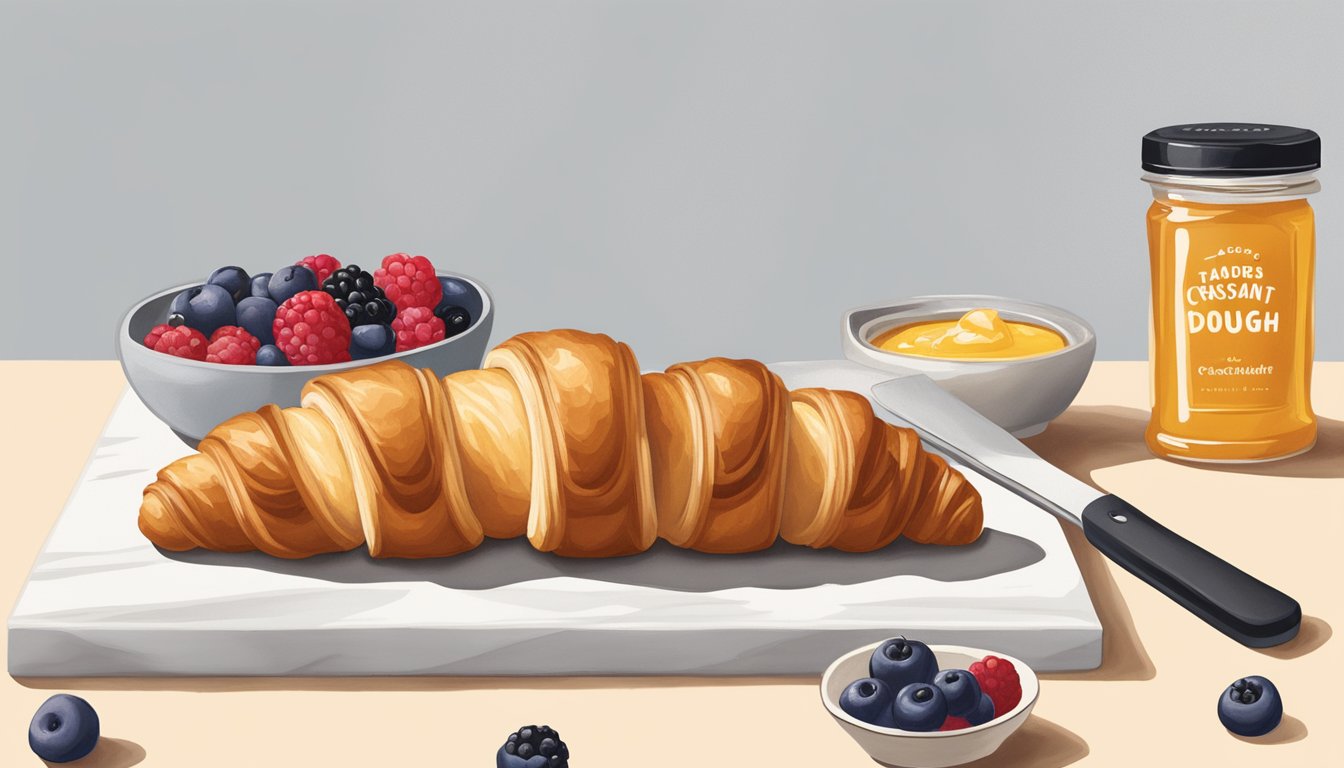 A roll of Trader Joe's Croissant Dough sits unopened on a clean, white countertop, surrounded by fresh berries and a small dish of honey