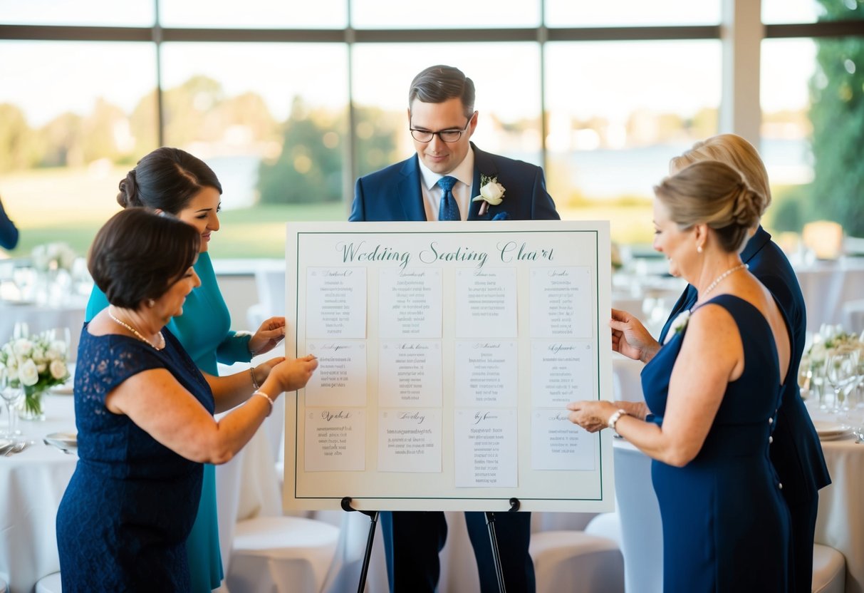 Wedding planner arranging seating chart for reception, considering placement of bride and groom's parents