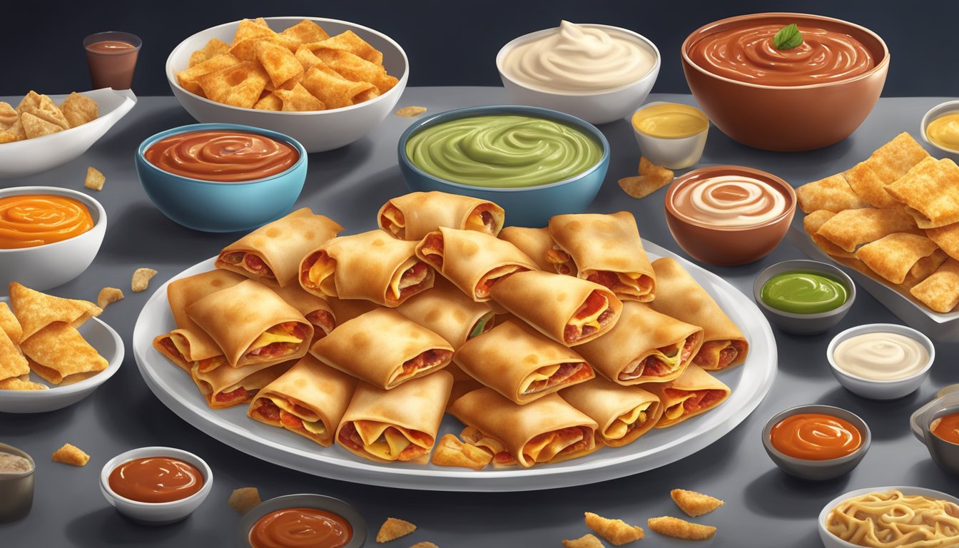 A plate of Totino's Pizza Rolls surrounded by a variety of dipping sauces, with steam rising from the freshly cooked snacks