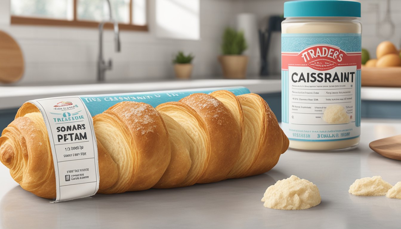 A roll of Trader Joe's Croissant Dough sits unopened on a clean, white kitchen counter, next to a calendar showing the current date