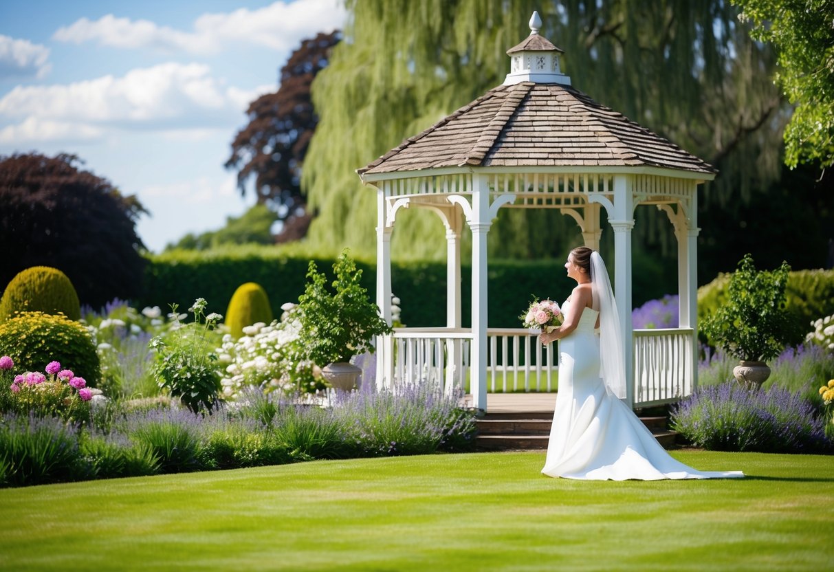 A sunny afternoon wedding in a picturesque English garden, with a charming gazebo and blooming flowers as the backdrop