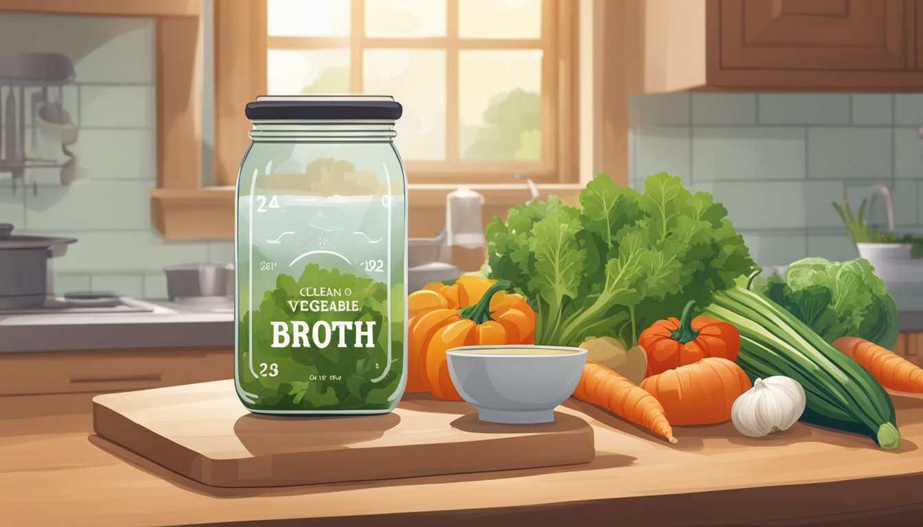 A clear glass jar of vegetable broth sits on a kitchen counter, surrounded by fresh vegetables. A calendar on the wall shows the current date