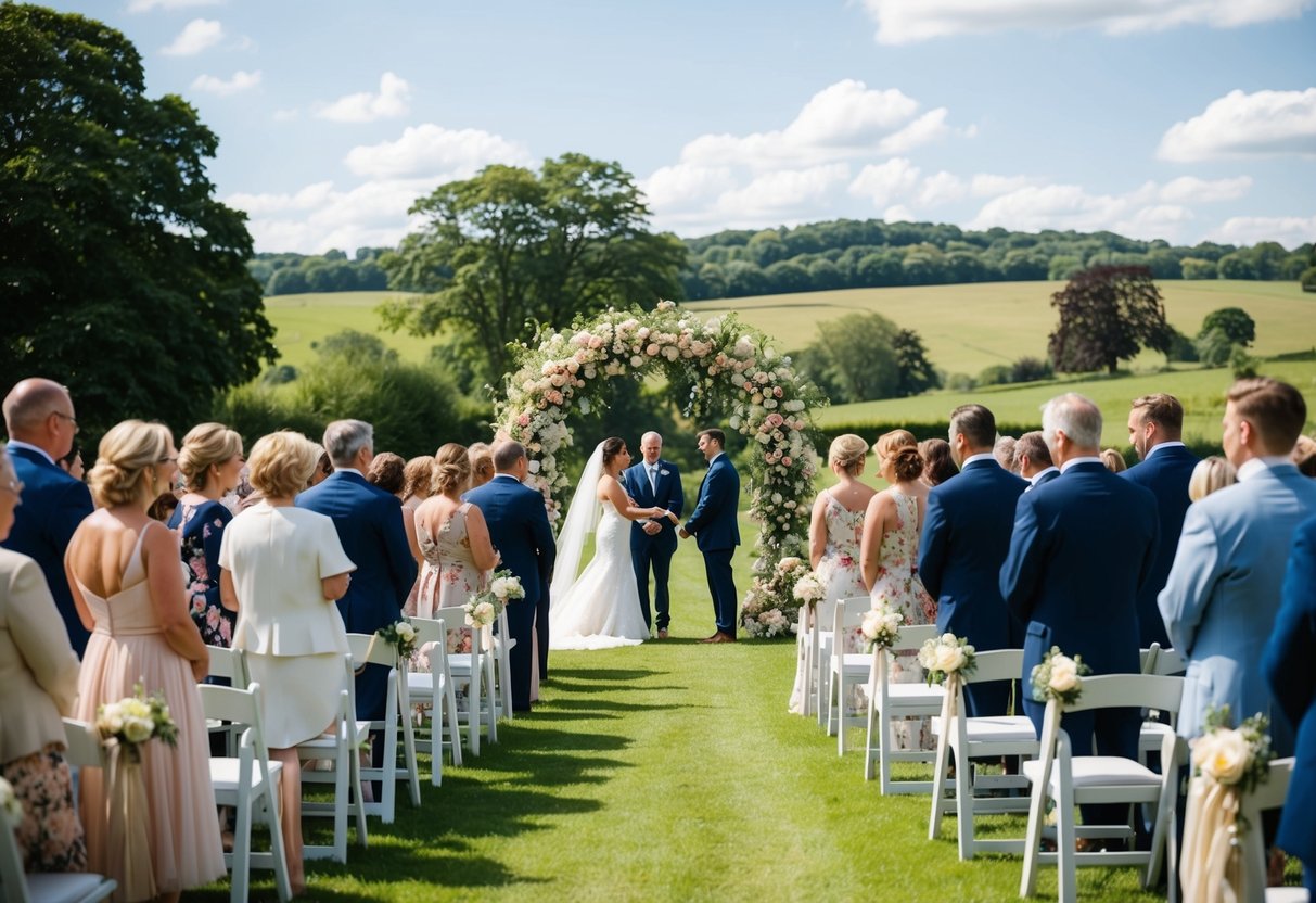 A sunny afternoon wedding ceremony in a picturesque English countryside setting, with guests gathered under a floral arch