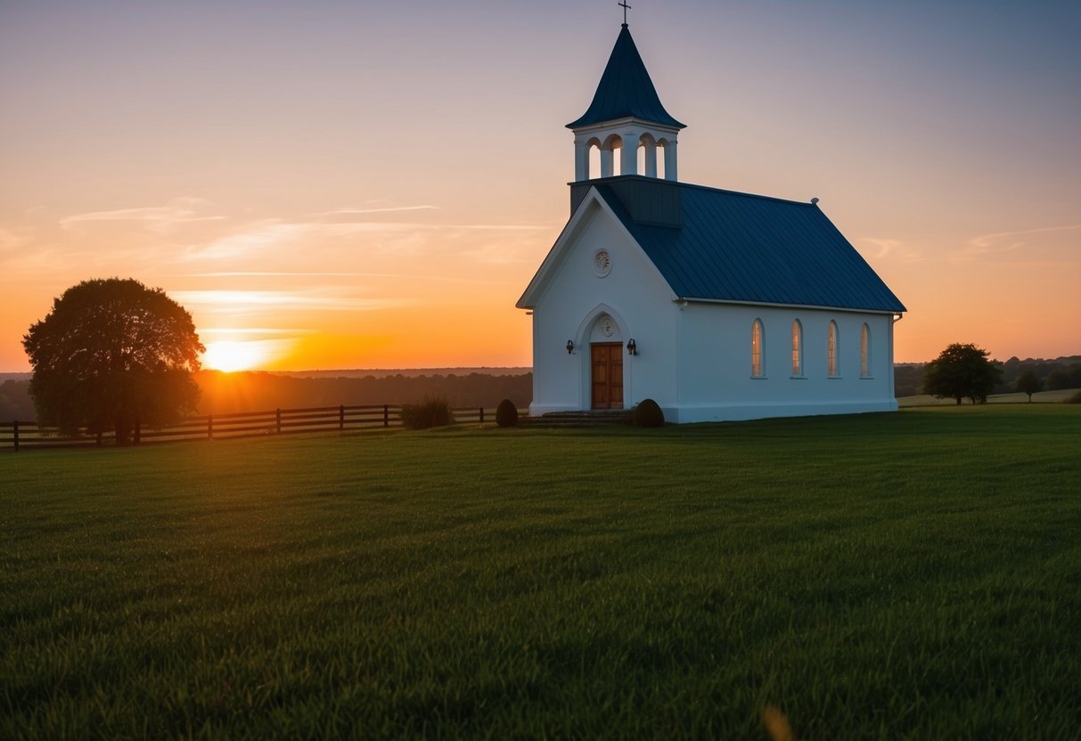 A serene sunset over a charming countryside chapel