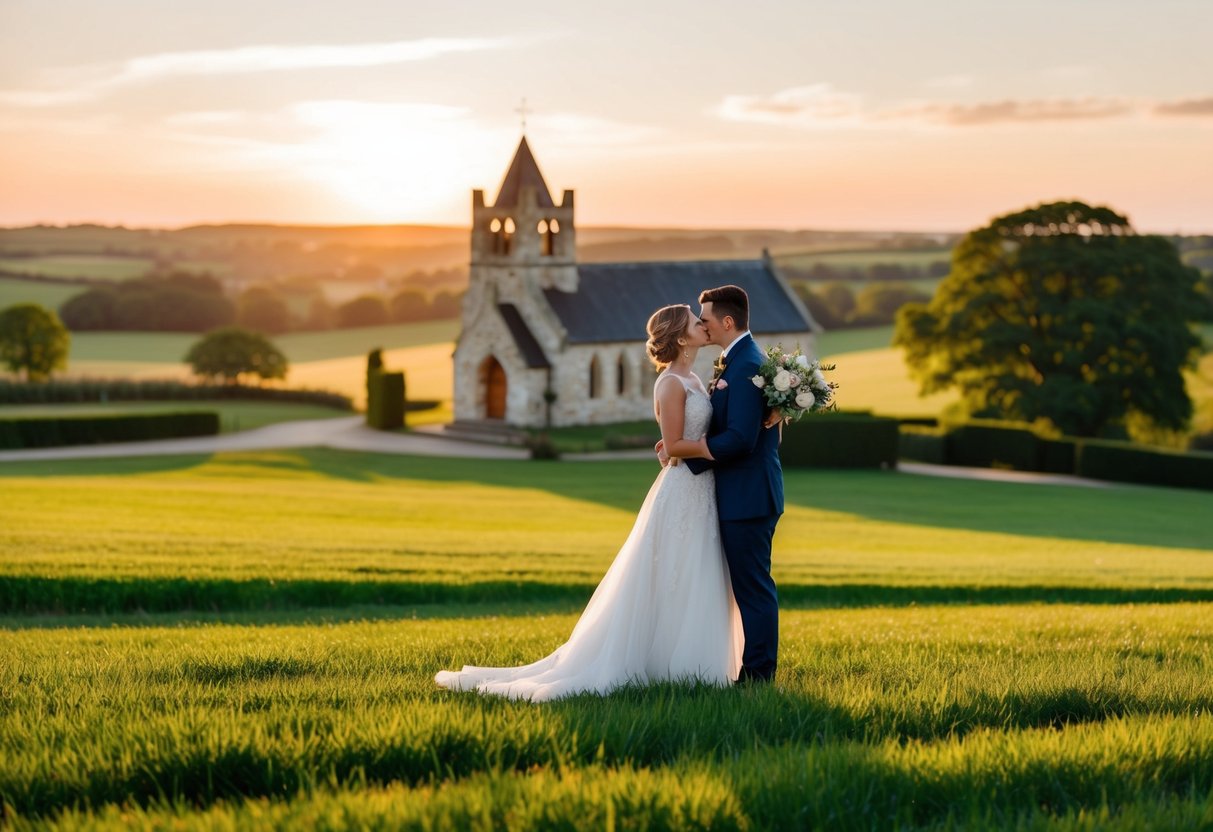 A picturesque countryside wedding at sunset, with a charming stone church in the background and a lush green landscape stretching out in the distance