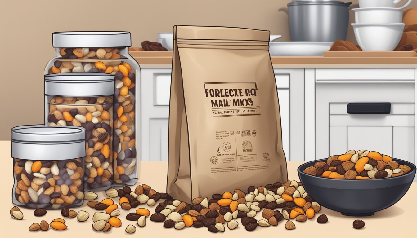 A sealed bag of trail mix sits on a kitchen counter, surrounded by dried fruits, nuts, and chocolate pieces