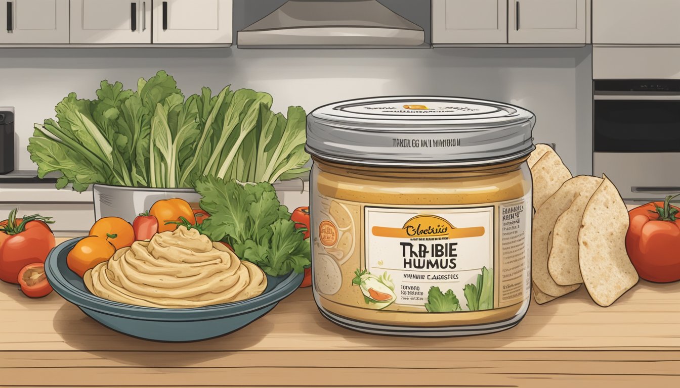 A jar of Tribe Classic Hummus sits on a kitchen countertop, surrounded by fresh vegetables and pita bread. The lid is slightly ajar, indicating it has been recently opened