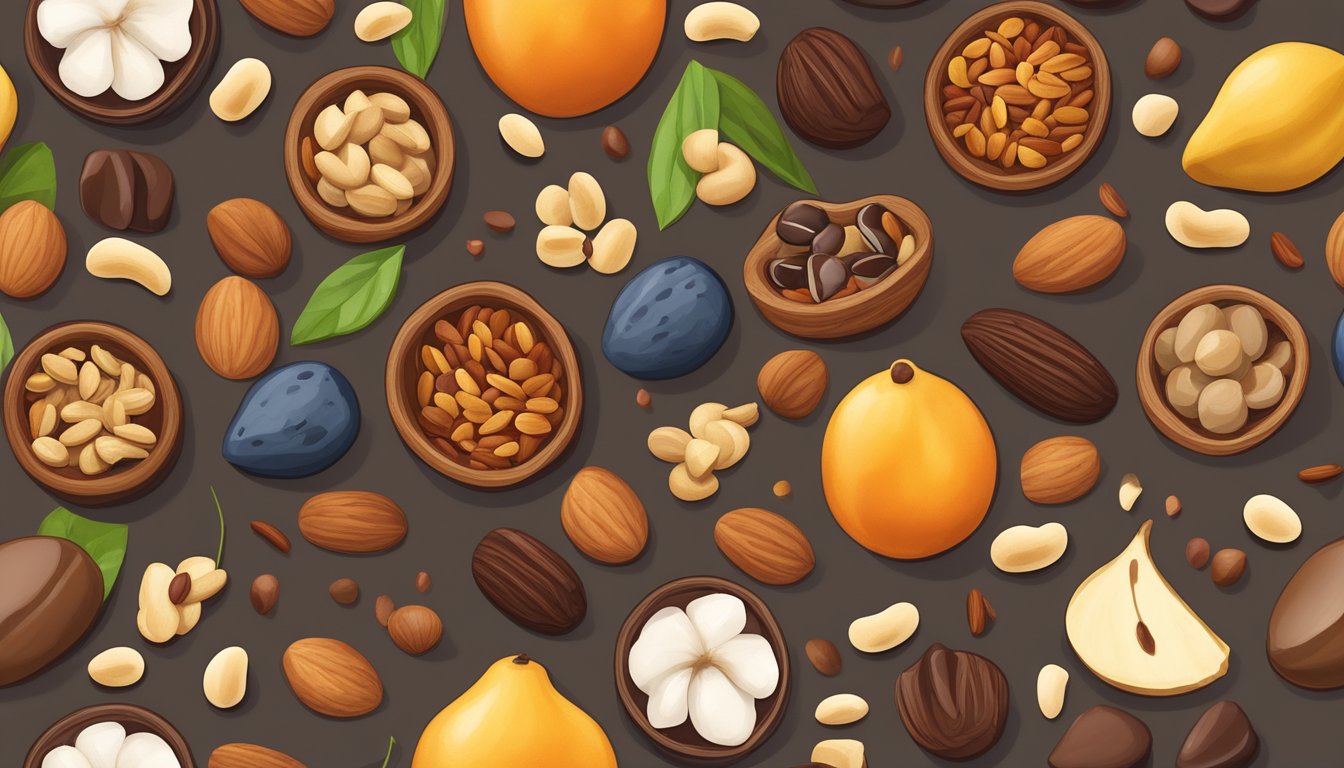 A variety of trail mix ingredients arranged in a composition, including nuts, seeds, dried fruits, and chocolate chips