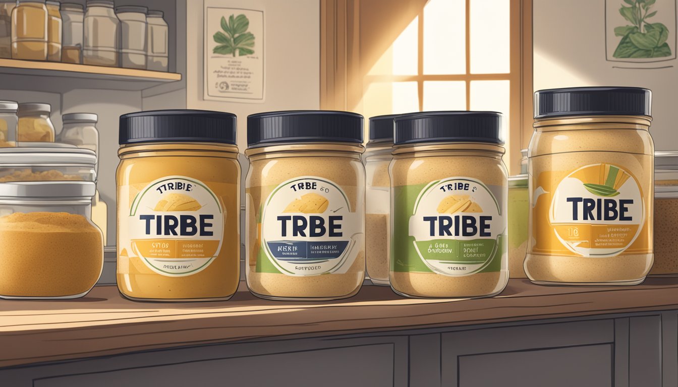 A jar of Tribe Classic Hummus sits on a shelf, surrounded by various expiration date labels, with sunlight streaming in from a nearby window