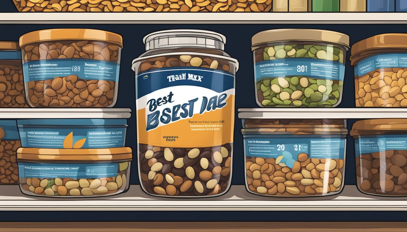 A sealed container of trail mix sits on a pantry shelf, with a "best by" date visible