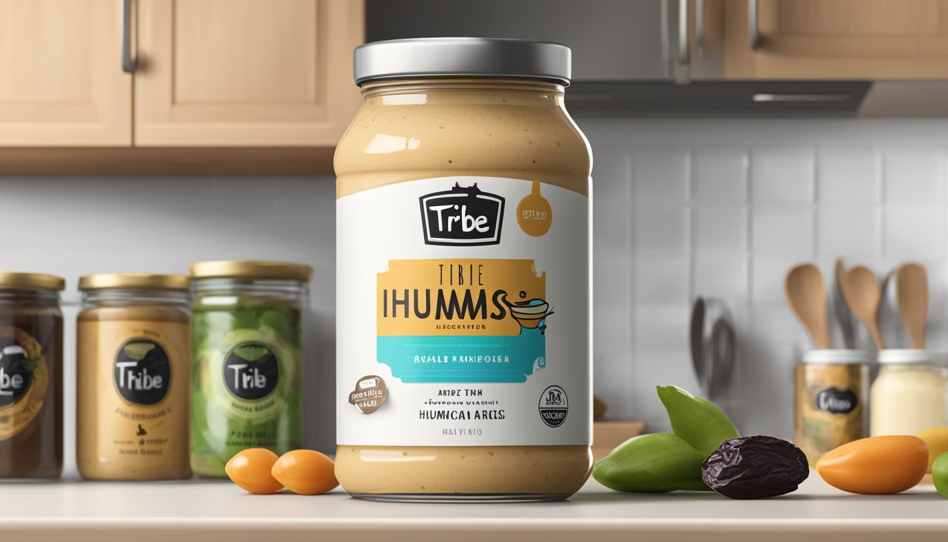 A jar of Tribe Classic Hummus sits on a kitchen shelf, tightly sealed with a date label indicating its freshness. A refrigerator is visible in the background