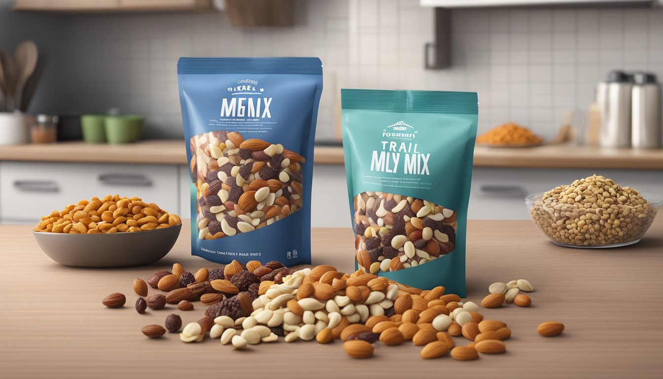 A bag of trail mix sits on a kitchen counter, surrounded by various nuts, seeds, and dried fruits. The packaging indicates a long shelf life