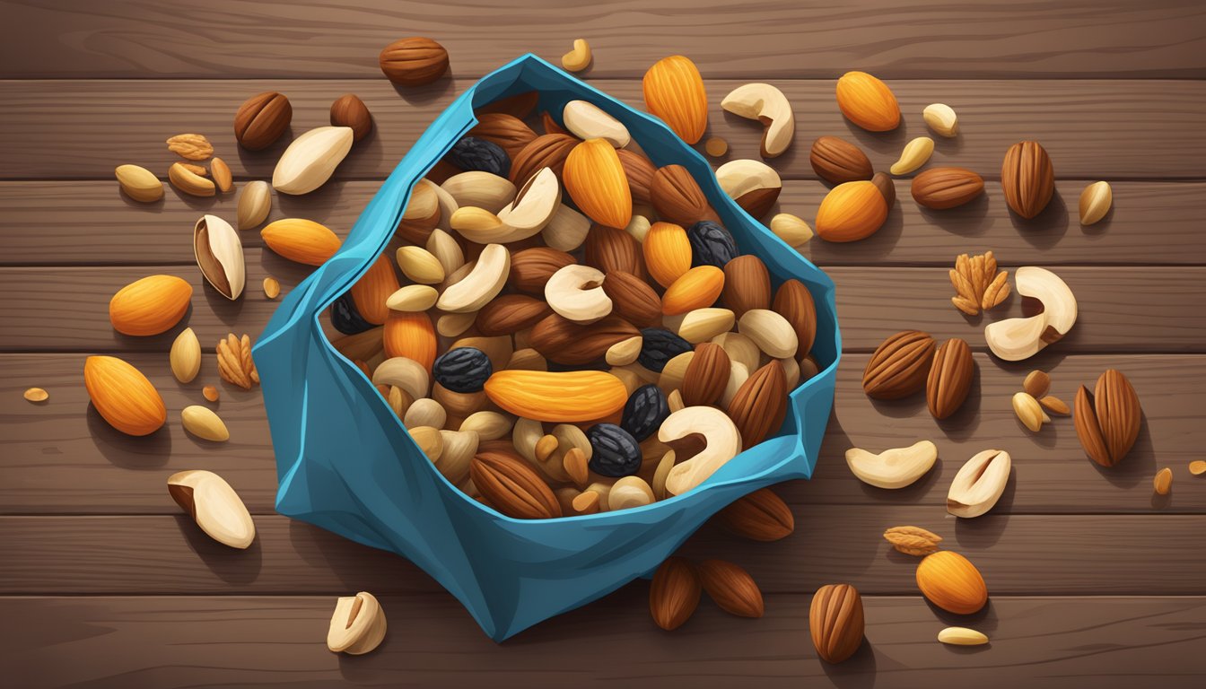 A colorful assortment of nuts, seeds, and dried fruits spills out of a resealable bag onto a rustic wooden table. A small handful of trail mix is scattered on the surface