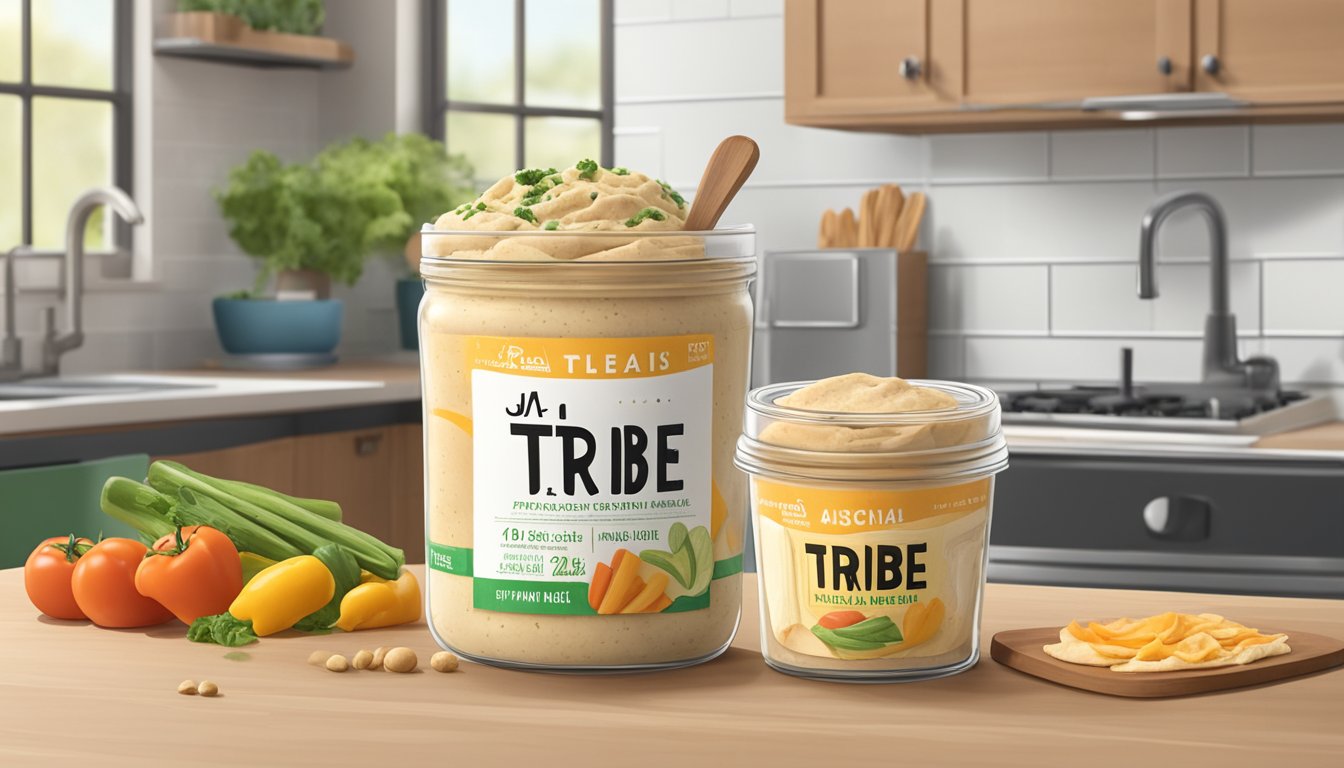 A jar of Tribe Classic Hummus sits on a kitchen counter, surrounded by opened pita bread and a container of sliced vegetables. The lid of the jar is slightly ajar, with a faint smell emanating from it