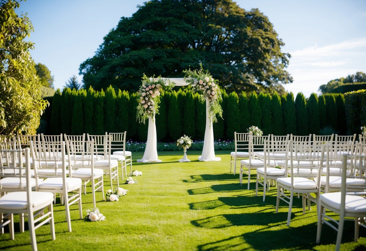 A sunny afternoon in a garden with a floral arch and rows of chairs set up for a wedding ceremony